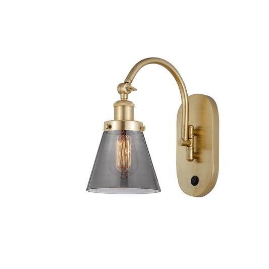 Innovations Cone 6.25in 1-Light Swing Arm Wall Sconce | Industrial Satin Gold Steel and Light Smoke Glass | Bedroom & Living | Model 918-1W-SG-G63-LED
