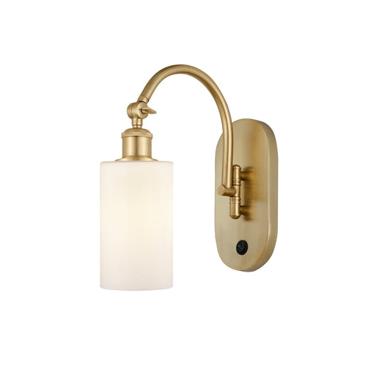 Innovations Clymer 1-Light Wall Sconce | Industrial Satin Gold Steel and Matte White Glass | Bathroom & Hallway Accent | Model 918-1W-SG-G801