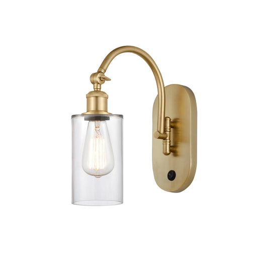 Innovations Clymer 1-Light Wall Sconce | Industrial Satin Gold Steel and Clear Glass | Bathroom & Hallway Accent | 3.88 x 12.88 in | Model 918-1W-SG-G802