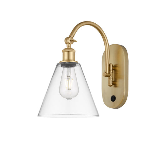 Innovations Berkshire Glass 8in 1-Light Wall Sconce | Industrial Satin Gold Steel and Clear Glass | Hallway & Bedroom Accent | Model 918-1W-SG-GBC-82