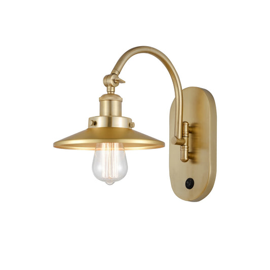 Innovations Railroad 8in 1-Light LED Swing Arm Sconce | Industrial Satin Gold Steel and Satin Gold Metal Shade | Bedroom & Living | Model 918-1W-SG-M4-LED