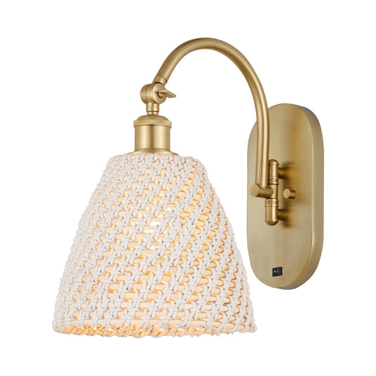 Innovations Lighting Bristol Natural 9in 1-Light Wall Sconce | Industrial Satin Gold Steel and Natural Fiber Dome Shade | Model 918-1W-SG-NBD-9-NAT