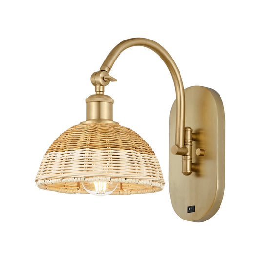 Innovations Lighting Bristol Natural II 7.5in 1-Light Wall Sconce | Industrial Satin Gold Steel and Natural Fiber Dome Shade | Model 918-1W-SG-NBD2-75-NAT