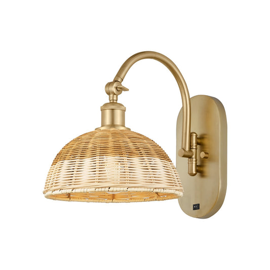 Innovations Lighting Bristol Natural II 9in 1-Light Wall Sconce | Industrial Satin Gold Steel and Natural Fiber Dome Shade | Model 918-1W-SG-NBD2-9-NAT
