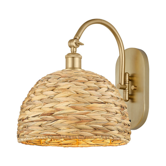 Innovations Woven Rattan 12in 1-Light Wall Sconce | Industrial Satin Gold Steel and Natural Fiber Dome Shade | Kitchen & | Model 918-1W-SG-RBD-12-NAT