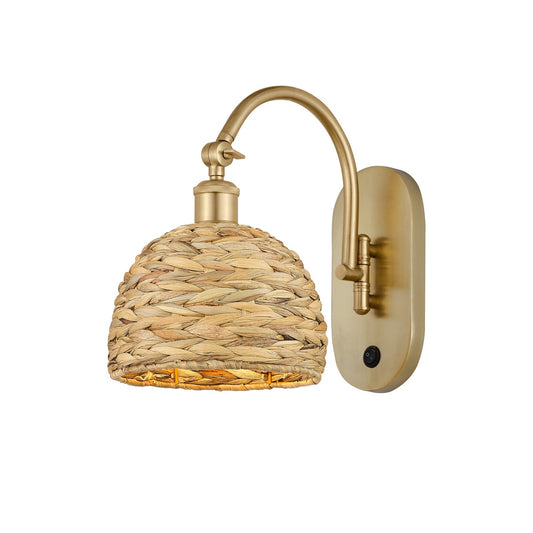 Innovations Woven Rattan 8in 1-Light Wall Sconce | Industrial Satin Gold Steel and Natural Fiber Dome Shade | Kitchen & | Model 918-1W-SG-RBD-8-NAT