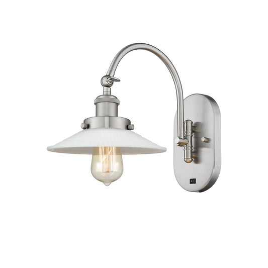 Innovations Halophane 8.5in 1-Light Swing Arm Lamp | Industrial Brushed Satin Nickel Steel and Matte White Frosted Glass | Bedroom | Model 918-1W-SN-G1