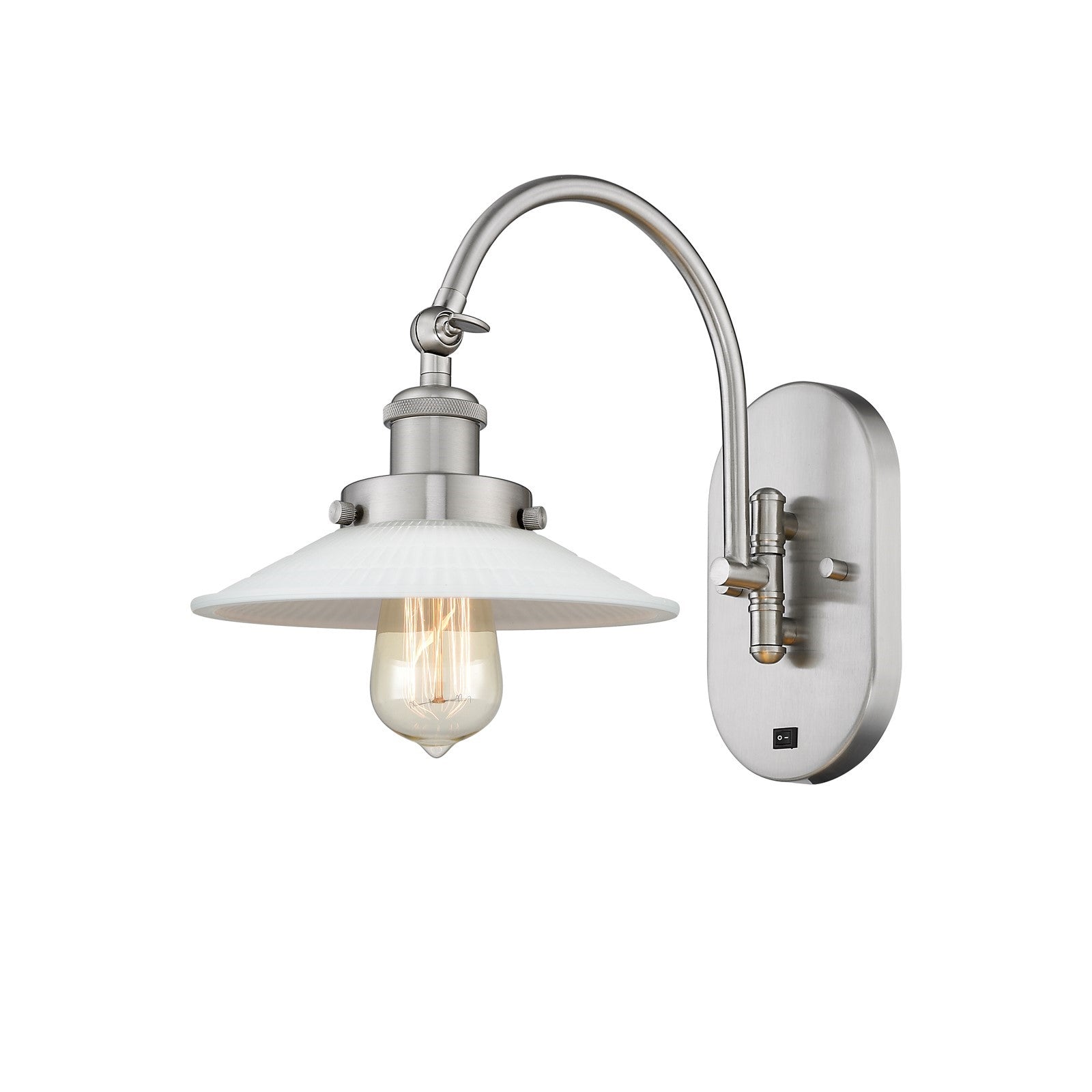Innovations Halophane 1-Light Swing Arm Sconce | Industrial Brushed Satin Nickel and Matte White Frosted Glass | Bedroom & Living | Model 918-1W-SN-G1-LED