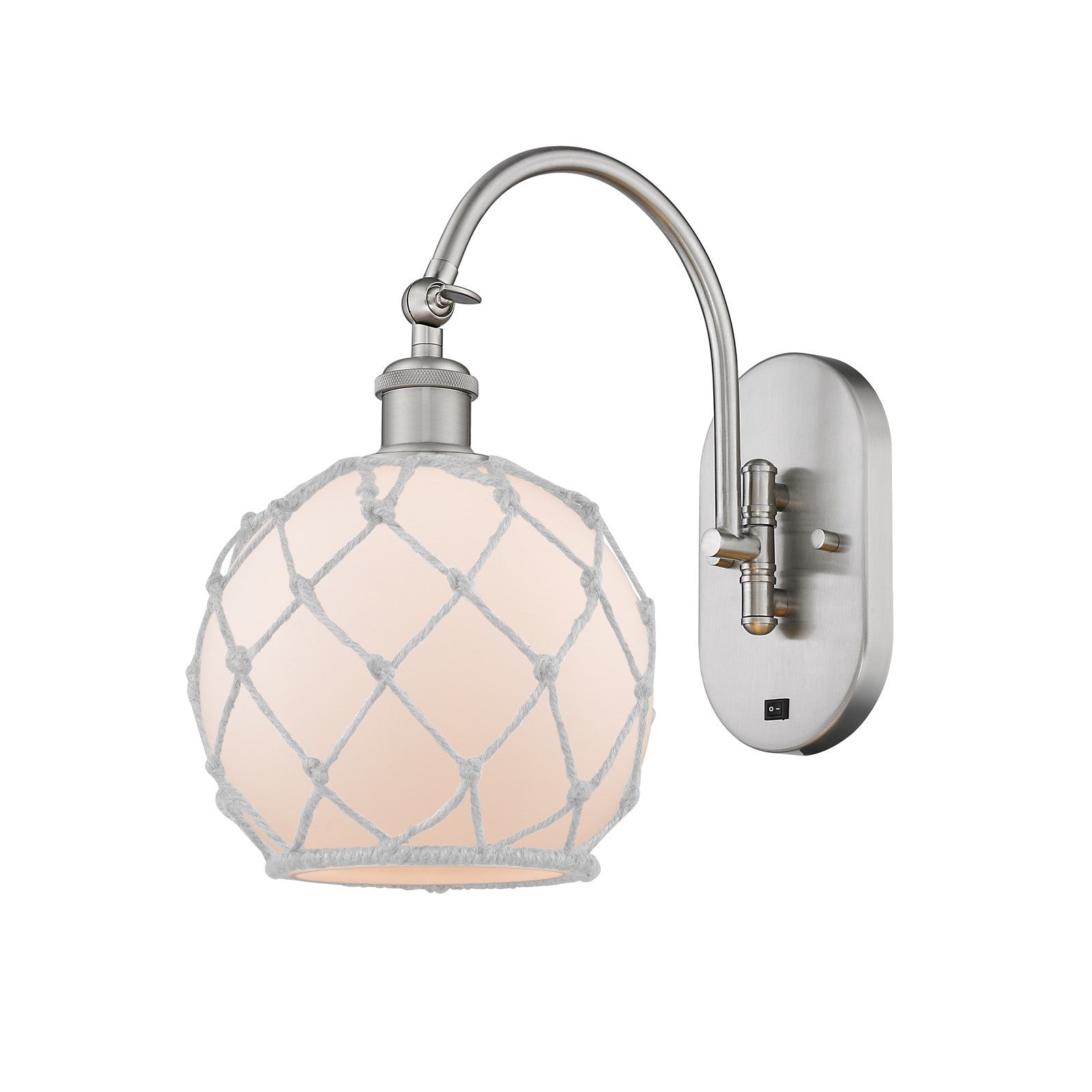 Innovations Farmhouse Rope 8in 1-Light Wall Sconce | Industrial Brushed Satin Nickel and White Glass with White Rope | Bedroom | Model 918-1W-SN-G121-8RW