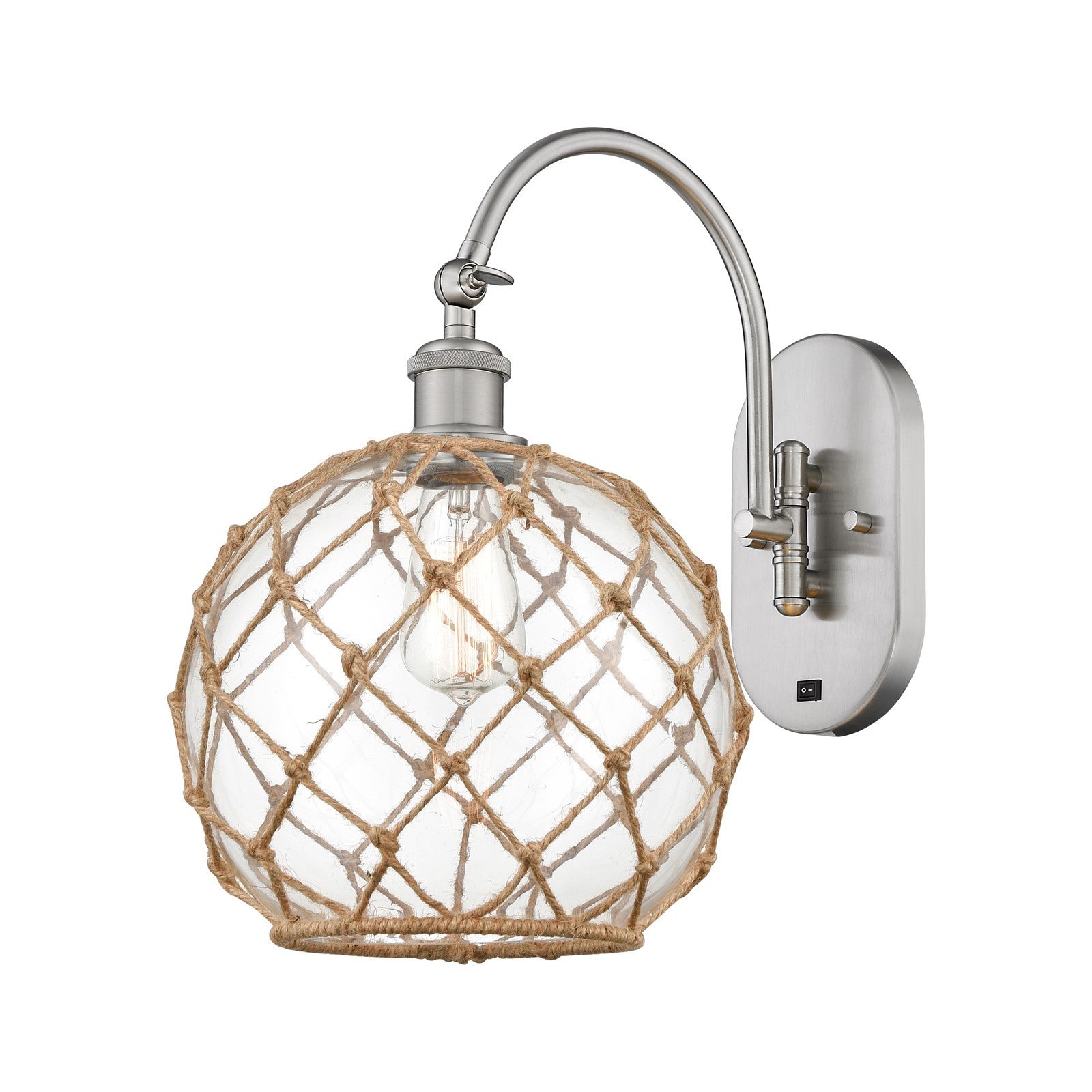 Innovations Farmhouse Rope 10in 1-Light Wall Sconce | Industrial Brushed Satin Nickel and Clear Glass with Brown Rope | Model 918-1W-SN-G122-10RB