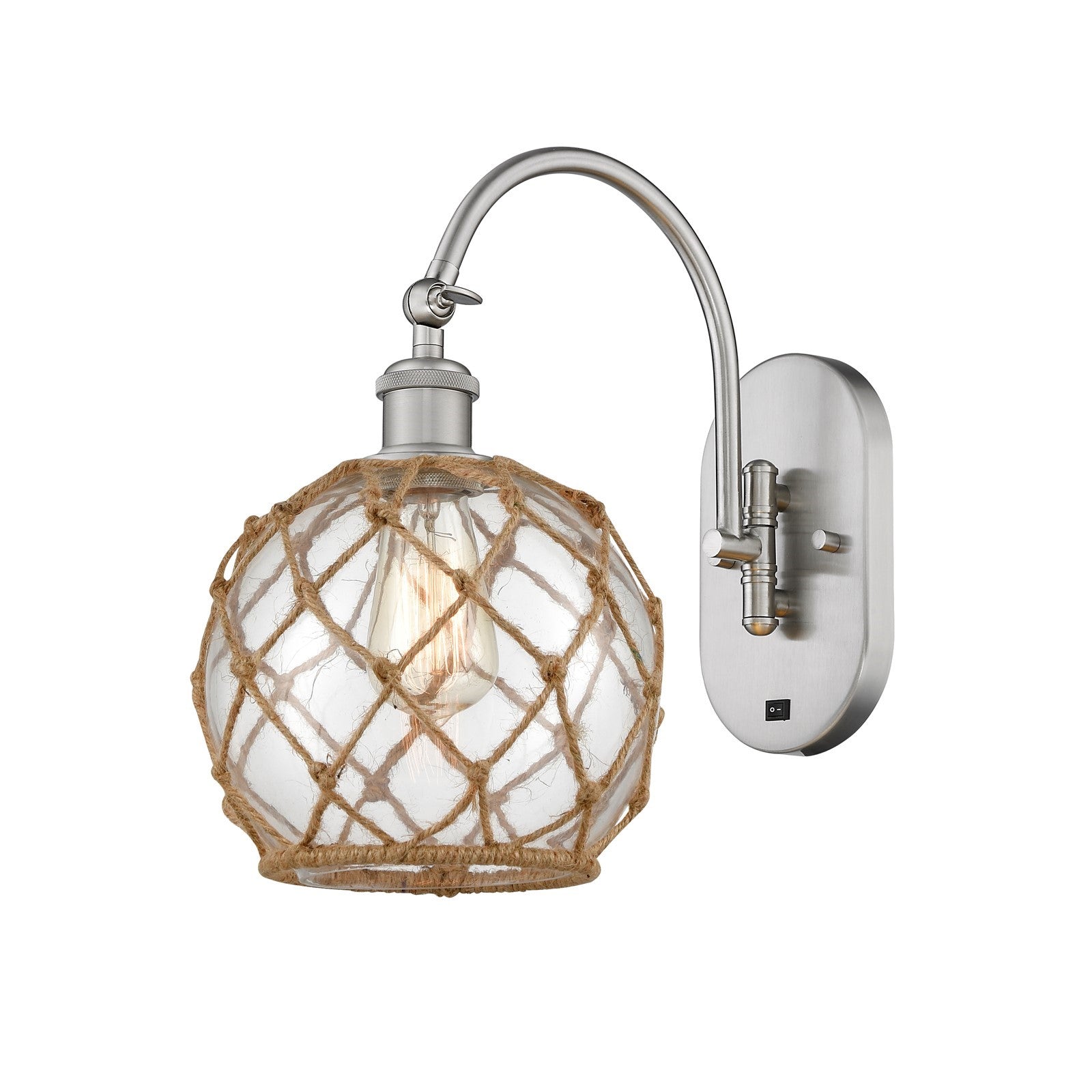 Innovations Farmhouse Rope 8in 1-Light Wall Sconce | Industrial Brushed Satin Nickel Steel and Clear Glass with Brown Rope | Model 918-1W-SN-G122-8RB