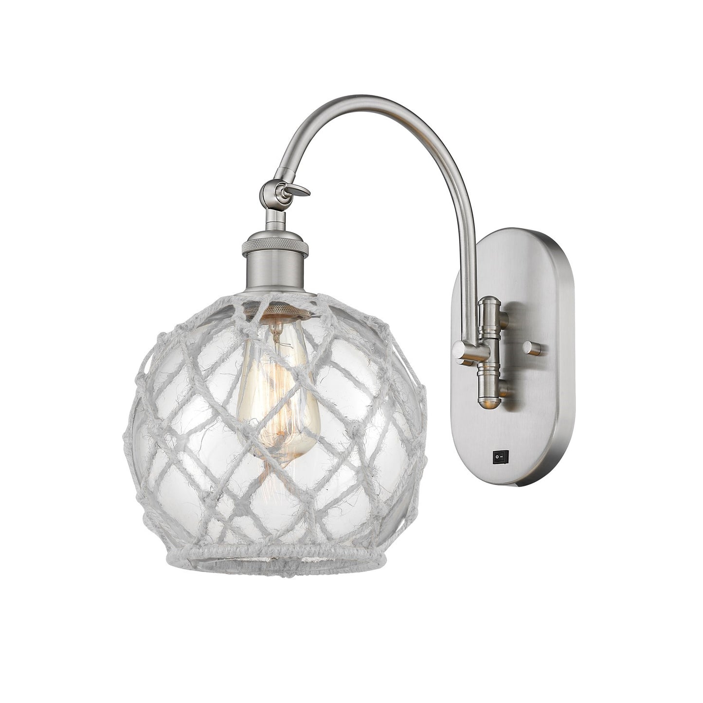 Innovations Farmhouse Rope 8in 1-Light Wall Sconce | Industrial Brushed Satin Nickel and Clear Glass with White Rope | Hallway | Model 918-1W-SN-G122-8RW