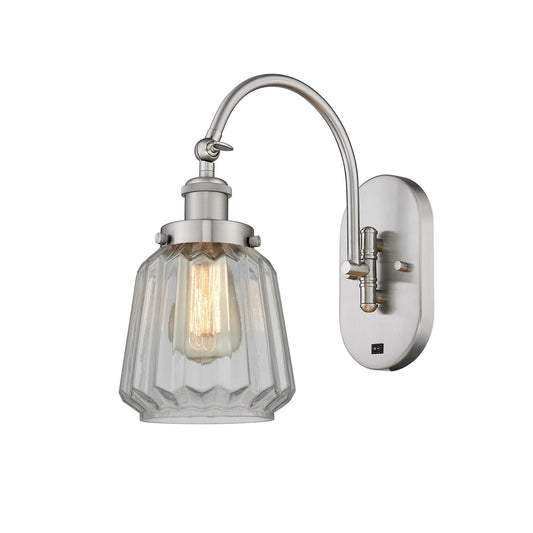 Innovations Chatham 7in 1-Light Swing Arm Lamp | Industrial Brushed Satin Nickel Steel and Clear Ribbed Glass | Bedroom Reading & | Model 918-1W-SN-G142