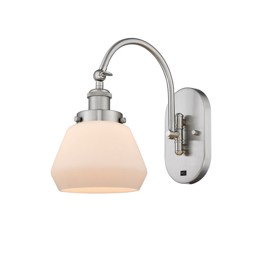 Innovations Fulton 7in 1-Light Swing Arm Lamp | Industrial Brushed Satin Nickel and Matte White Frosted Glass | Bedroom & Living | Model 918-1W-SN-G171