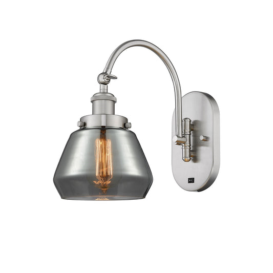 Innovations Fulton 7in 1-Light Swing Arm Lamp | Industrial Brushed Satin Nickel Steel and Light Smoke Glass | Bedroom & Living Room | Model 918-1W-SN-G173