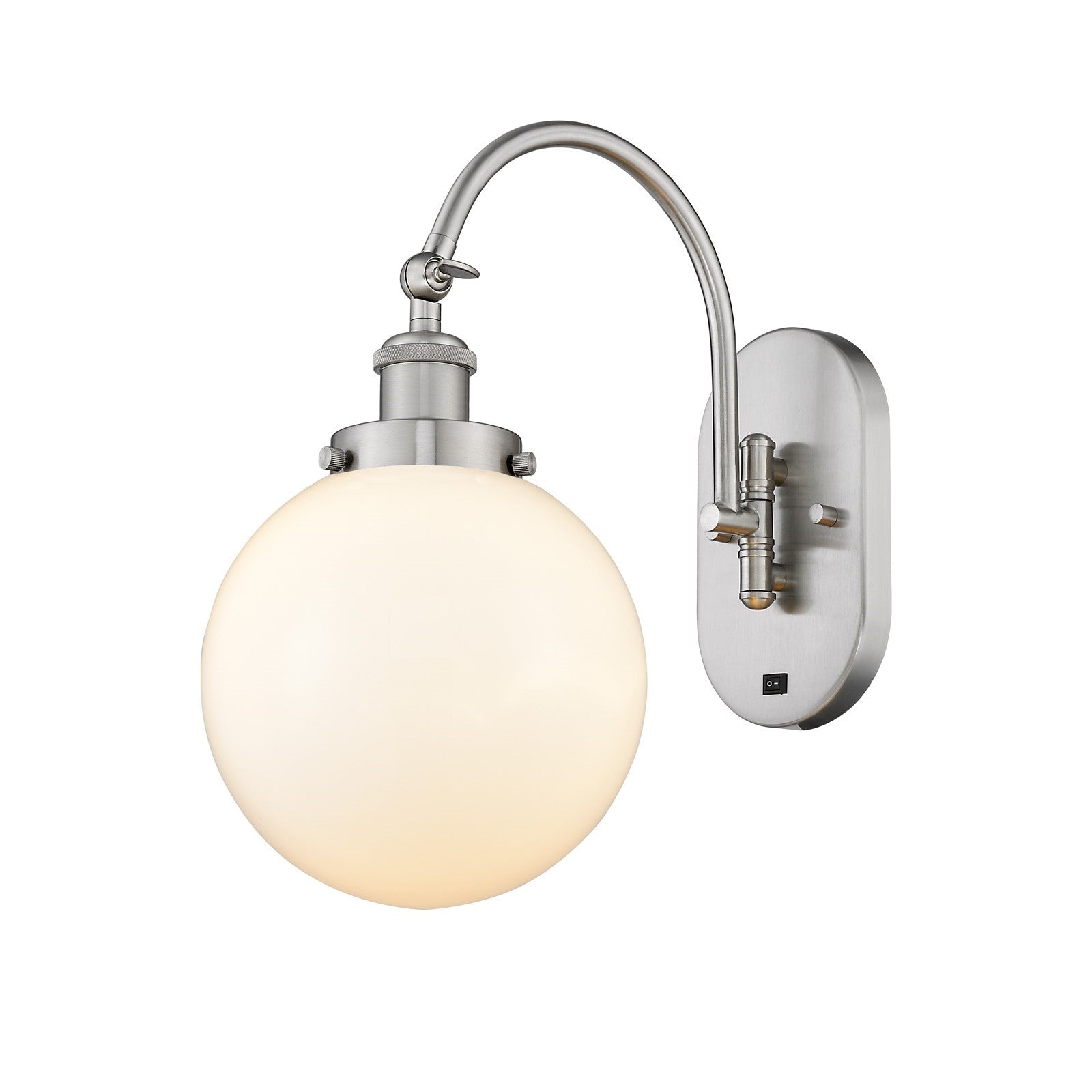 Innovations Beacon 8in 1-Light Swing Arm Wall Sconce | Industrial Brushed Satin Nickel Steel and Matte White Frosted Glass | Model 918-1W-SN-G201-8