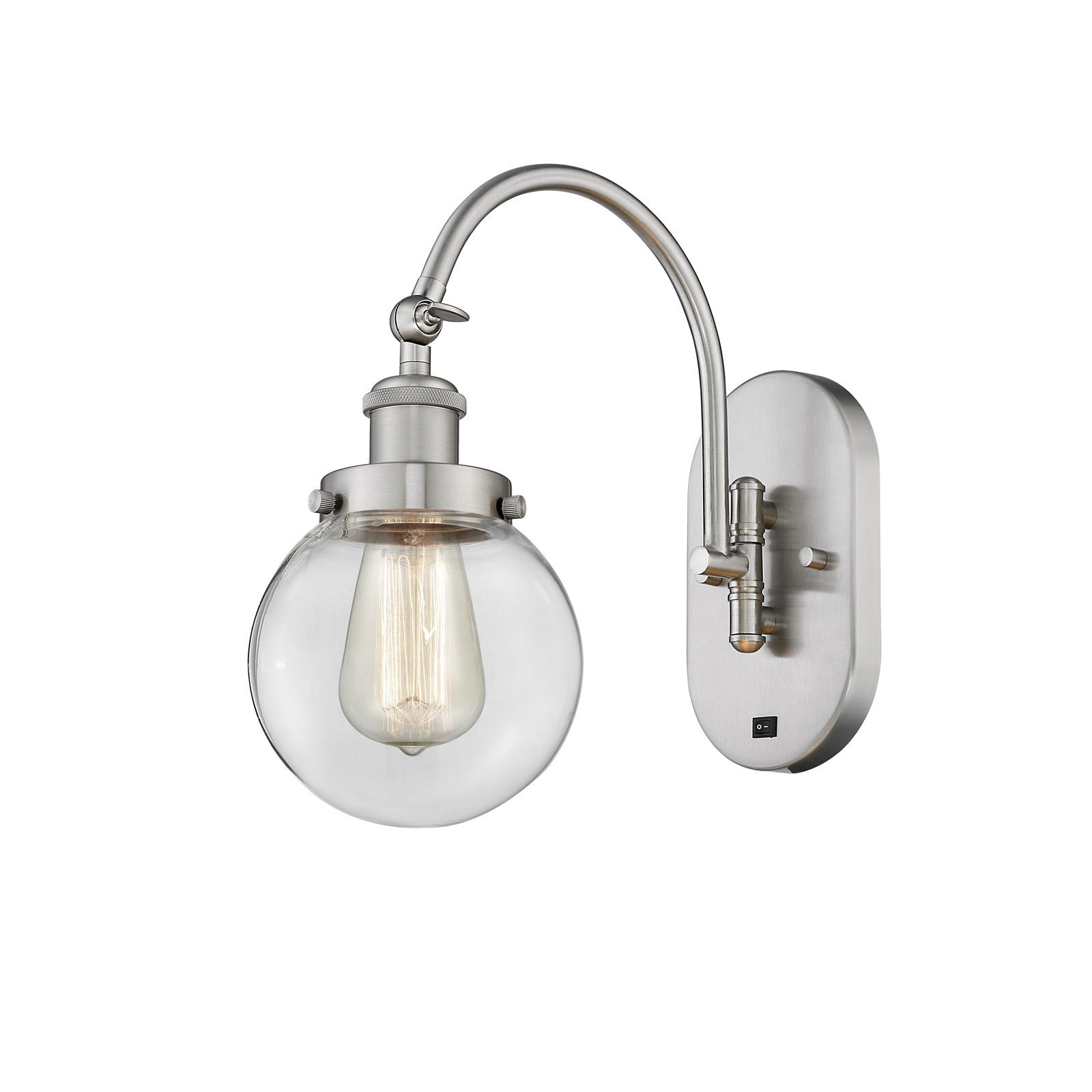 Innovations Beacon 6in 1-Light Swing Arm Wall Sconce | Industrial Brushed Satin Nickel Steel and Clear Glass | Bedroom & | Model 918-1W-SN-G202-6-LED