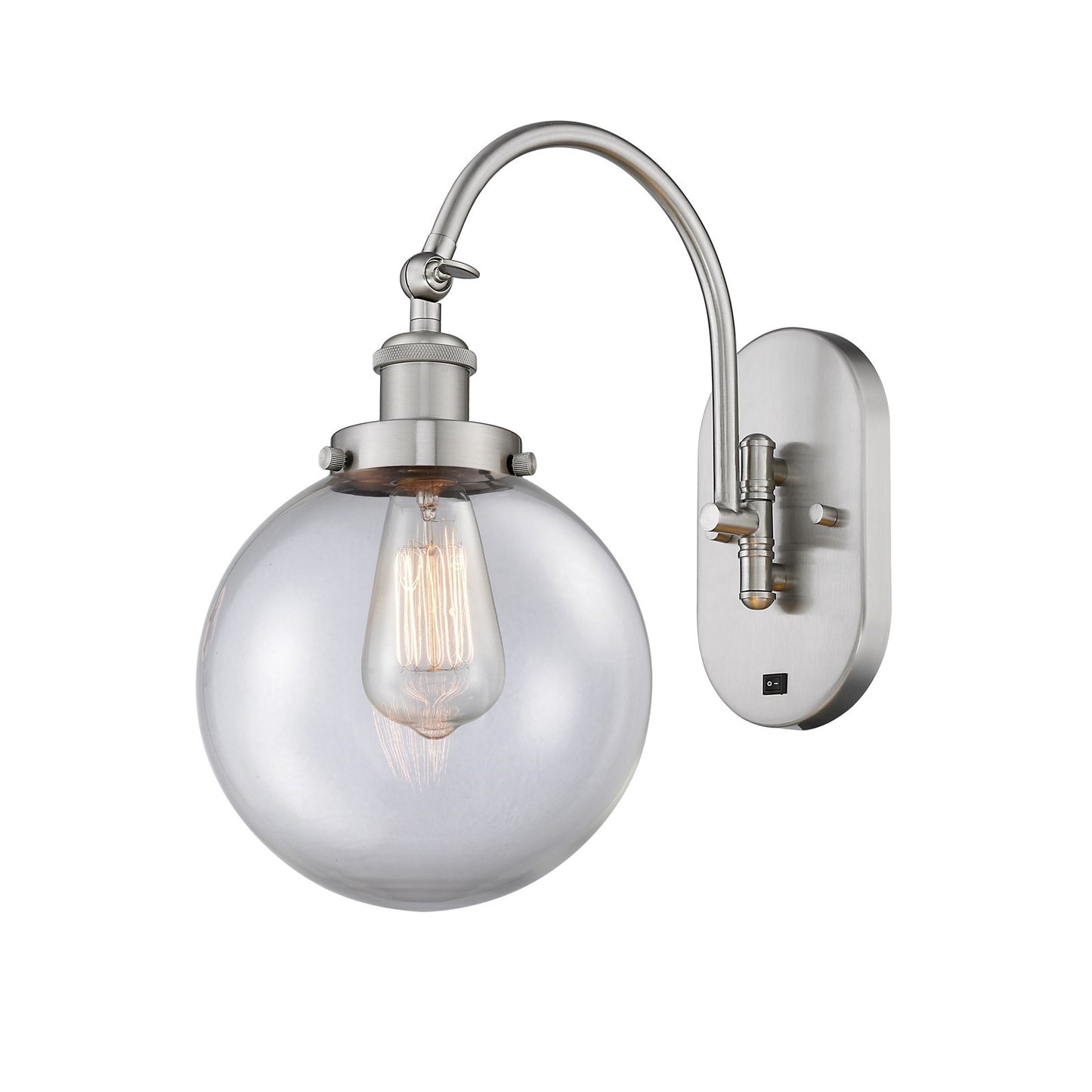 Innovations Beacon 8in 1-Light LED Swing Arm Wall Sconce | Industrial Brushed Satin Nickel Steel and Clear Glass | Bedroom & | Model 918-1W-SN-G202-8-LED