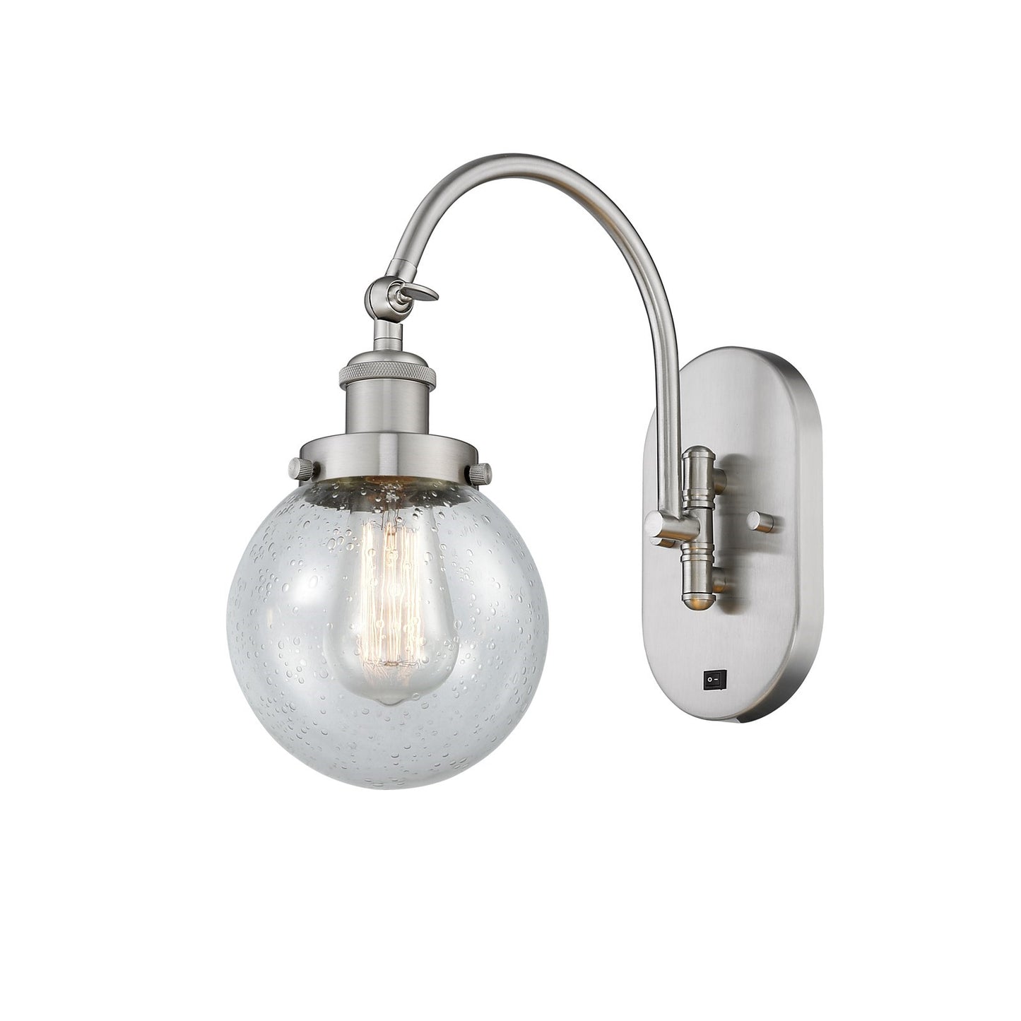 Innovations Beacon 6in 1-Light Swing Arm Wall Sconce | Industrial Brushed Satin Nickel Steel and Seedy Glass | Bedroom & Living | Model 918-1W-SN-G204-6
