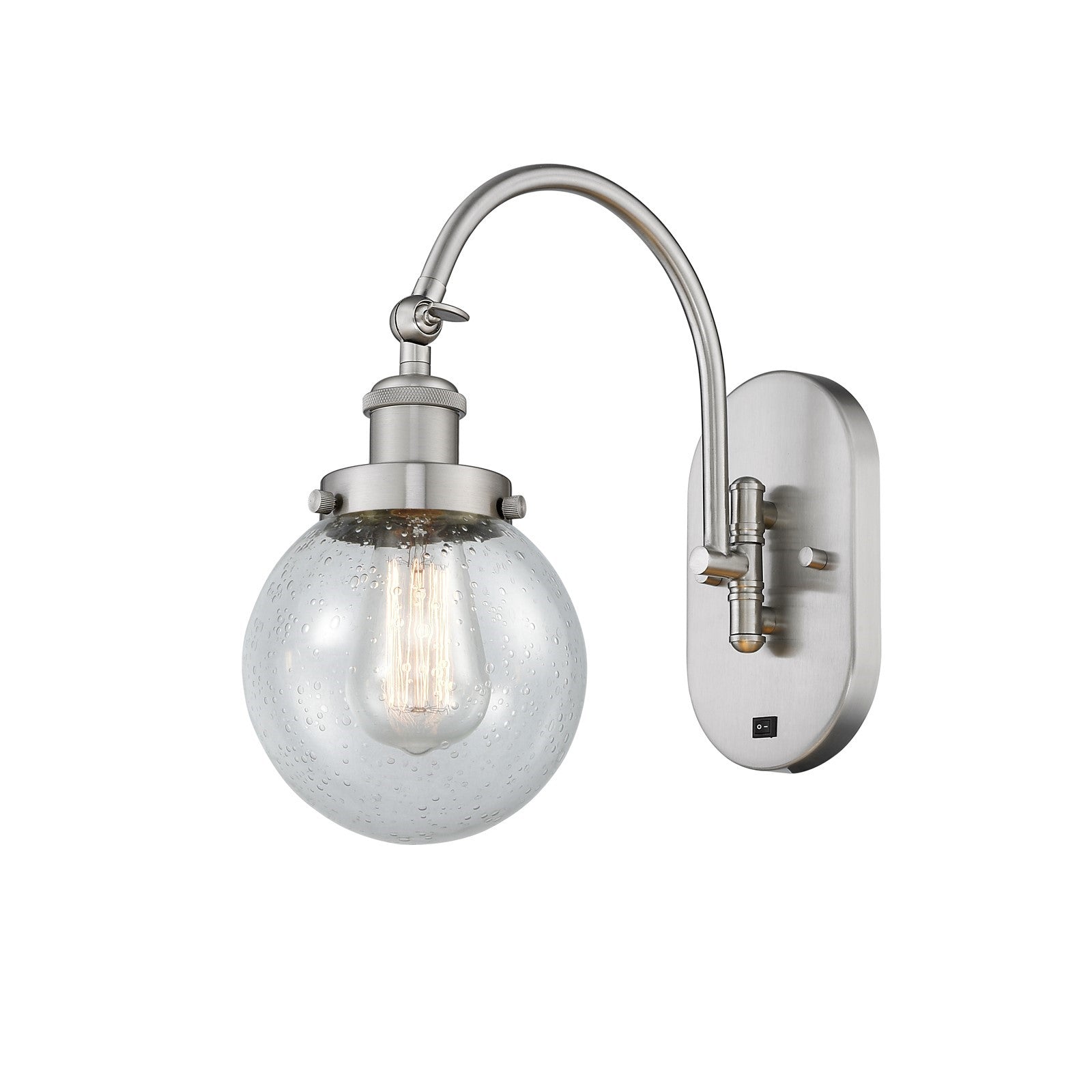 Innovations Beacon 6in 1-Light Swing Arm Wall Sconce | Industrial Brushed Satin Nickel Steel and Seedy Glass | Bedroom & Living | Model 918-1W-SN-G204-6