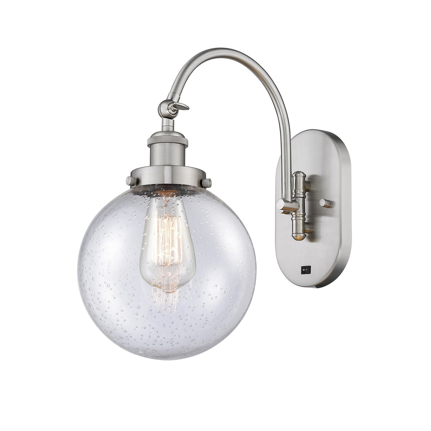 Innovations Beacon 8in 1-Light Swing Arm Wall Sconce | Industrial Brushed Satin Nickel Steel and Seedy Glass | Bedroom & Living | Model 918-1W-SN-G204-8