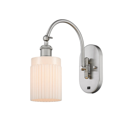 Innovations Hadley 1-Light 4.5in Wall Sconce | Industrial Brushed Satin Nickel and Matte White Ribbed Glass | Bedroom & Hallway | Model 918-1W-SN-G341