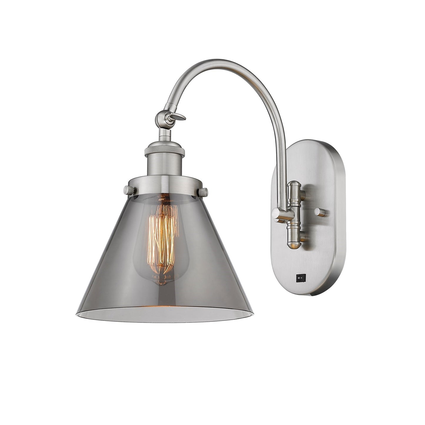 Innovations Cone 8in 1-Light Swing Arm Lamp | Industrial Brushed Satin Nickel Steel and Light Smoke Glass | Bedroom Reading | Model 918-1W-SN-G43-LED