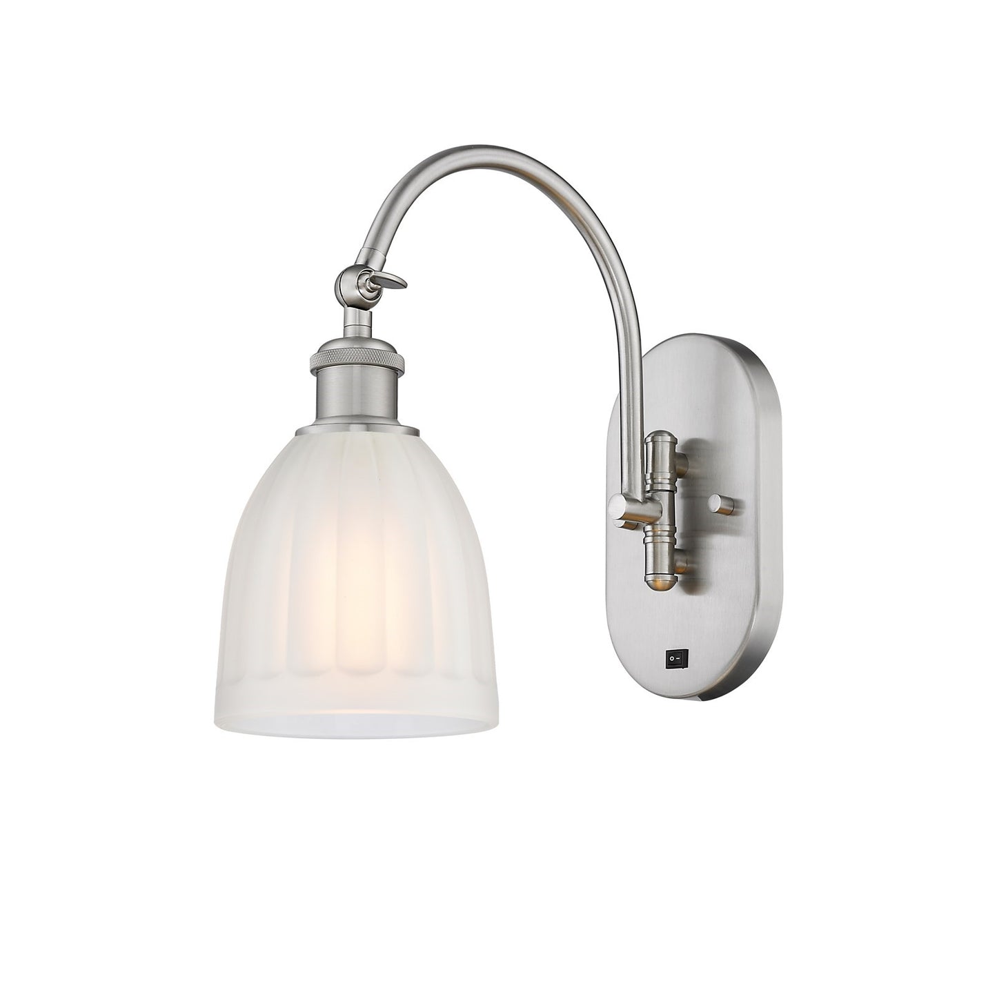 Innovations Brookfield 5.75in 1-Light Wall Sconce | Industrial Brushed Satin Nickel Steel and White Frosted Ribbed Glass | Bedroom | Model 918-1W-SN-G441