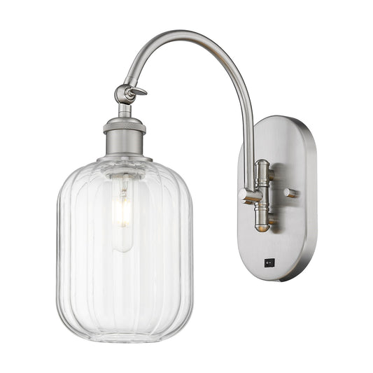 Innovations Preston Cylinder 6.75in 1-Light Wall Sconce | Industrial Brushed Satin Nickel Steel and Clear Glass | Hallway & | Model 918-1W-SN-G460-7CL
