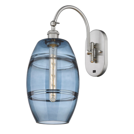 Innovations Vaz 8in 1-Light Wall Sconce | Industrial Brushed Satin Nickel and Blue Glass | Hallway & Bedroom Accent | 8 x 19 in | Model 918-1W-SN-G557-8BL