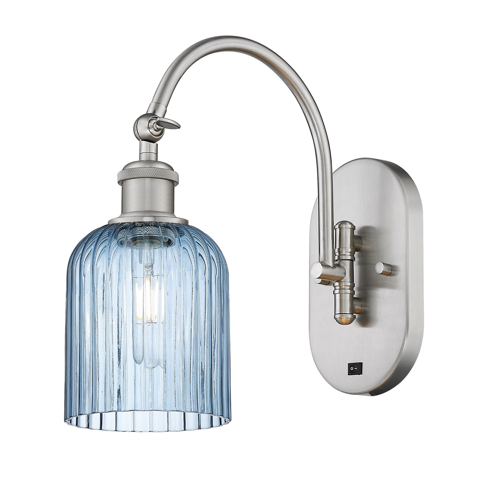 Innovations Bridal Veil 5in 1-Light Wall Sconce | Industrial Brushed Satin Nickel and Princess Blue Ribbed Glass | Hallway & | Model 918-1W-SN-G559-5BL