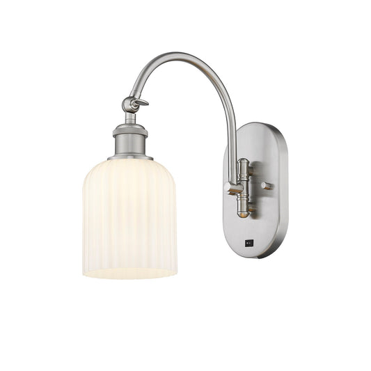Innovations Bridal Veil 5in 1-Light Wall Sconce | Industrial Brushed Satin Nickel and Gloss White Ribbed Glass | Hallway & | Model 918-1W-SN-G559-5GWH