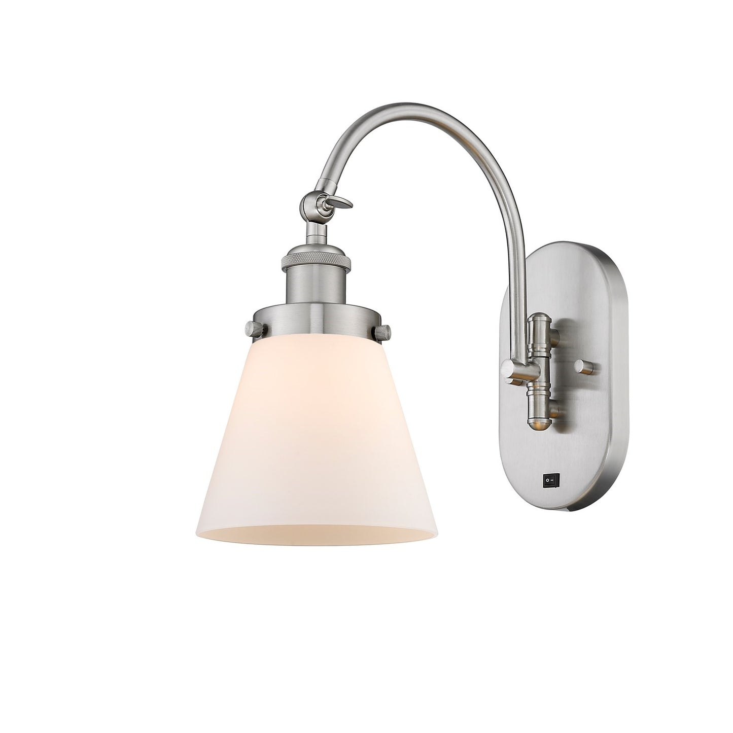 Innovations Cone 6.25in 1-Light Swing Arm Wall Sconce | Industrial Farmhouse Brushed Satin Nickel and Matte White Frosted Glass | Model 918-1W-SN-G61