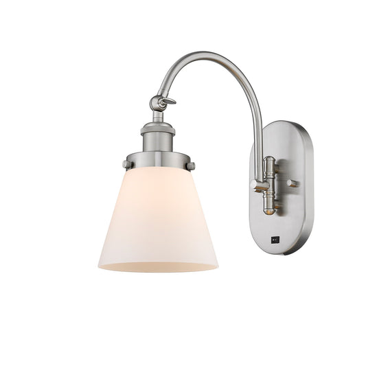 Innovations Cone 6.25in 1-Light LED Swing Arm Wall Sconce | Industrial Farmhouse Brushed Satin Nickel and Matte White Frosted | Model 918-1W-SN-G61-LED