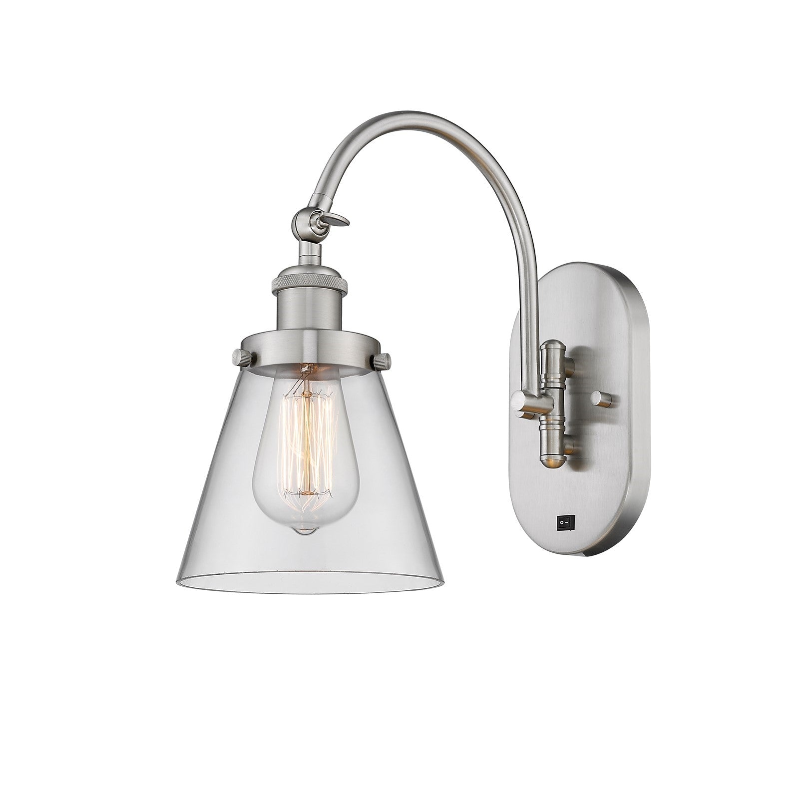 Innovations Cone 6.25in 1-Light Swing Arm Wall Sconce | Industrial Brushed Satin Nickel Steel and Clear Glass | Bedroom & Living | Model 918-1W-SN-G62