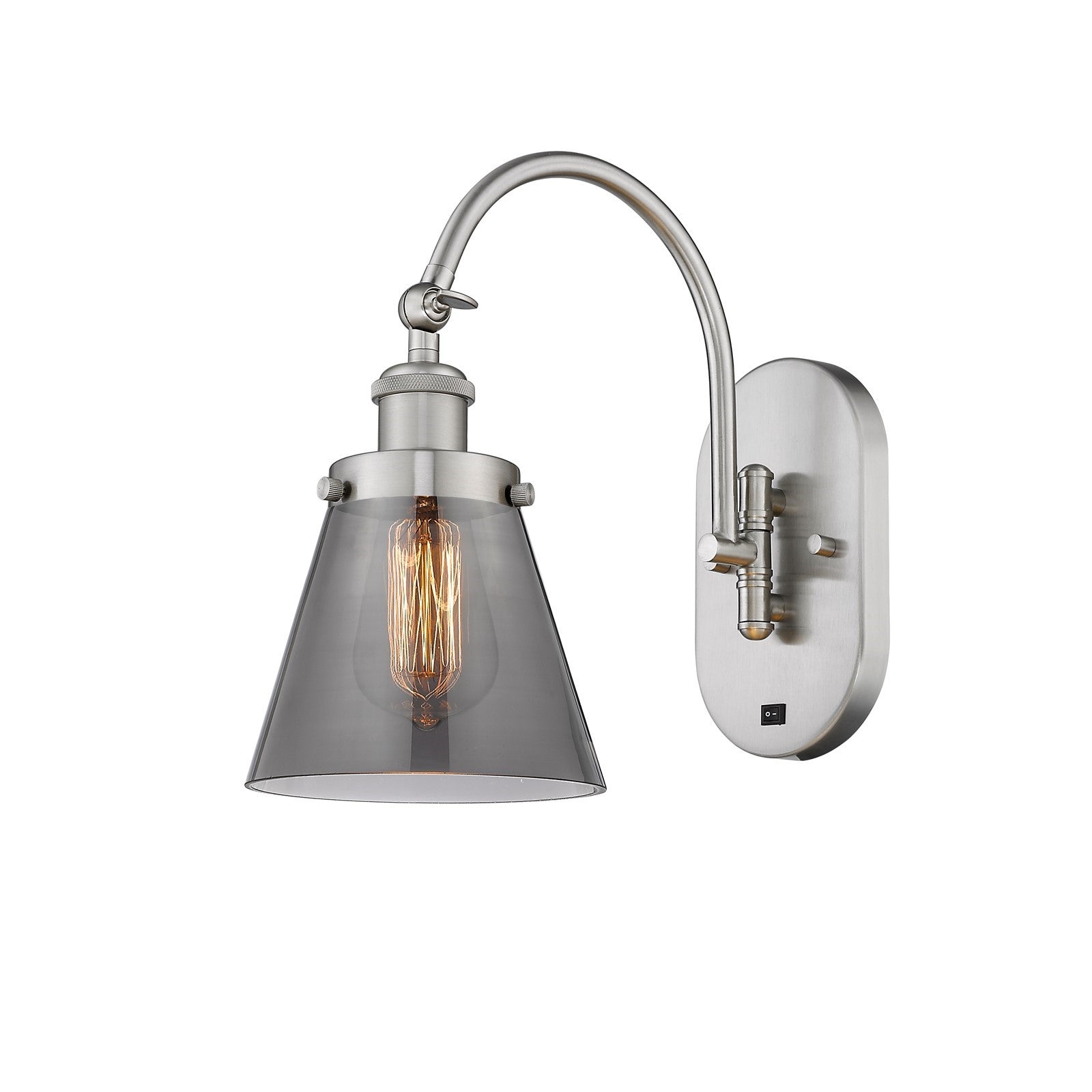 Innovations Cone 6.25in 1-Light Swing Arm Wall Sconce | Industrial Brushed Satin Nickel Steel and Light Smoke Glass | Bedroom & | Model 918-1W-SN-G63-LED