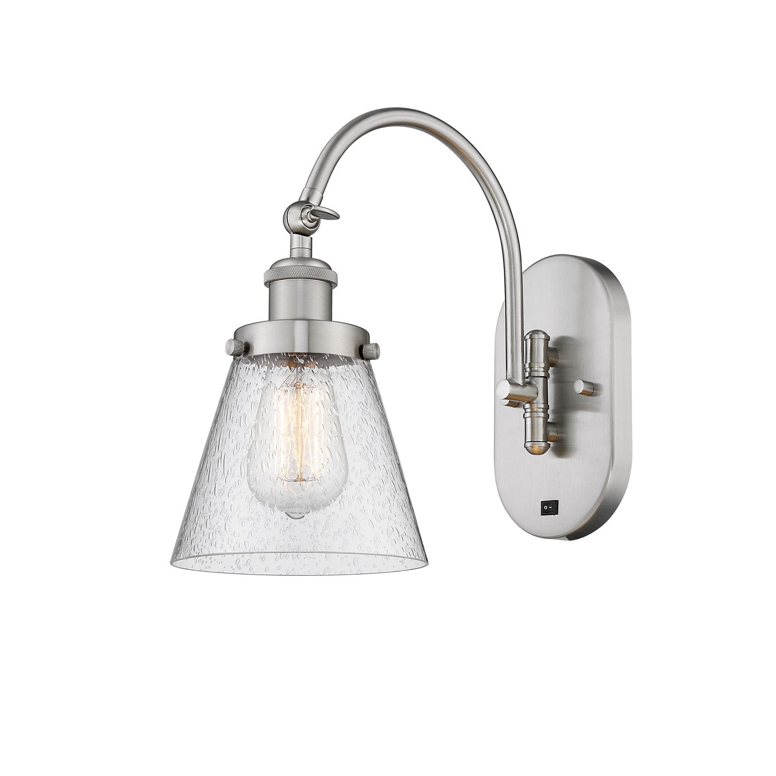 Innovations Cone 6.25in 1-Light Swing Arm Wall Sconce | Industrial Brushed Satin Nickel Steel and Seedy Glass | Bedroom & Living | Model 918-1W-SN-G64