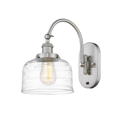 Innovations Bell 8in 1-Light Swing Arm Wall Sconce | Industrial Brushed Satin Nickel Steel and Clear Deco Swirl Glass | Bedroom & | Model 918-1W-SN-G713
