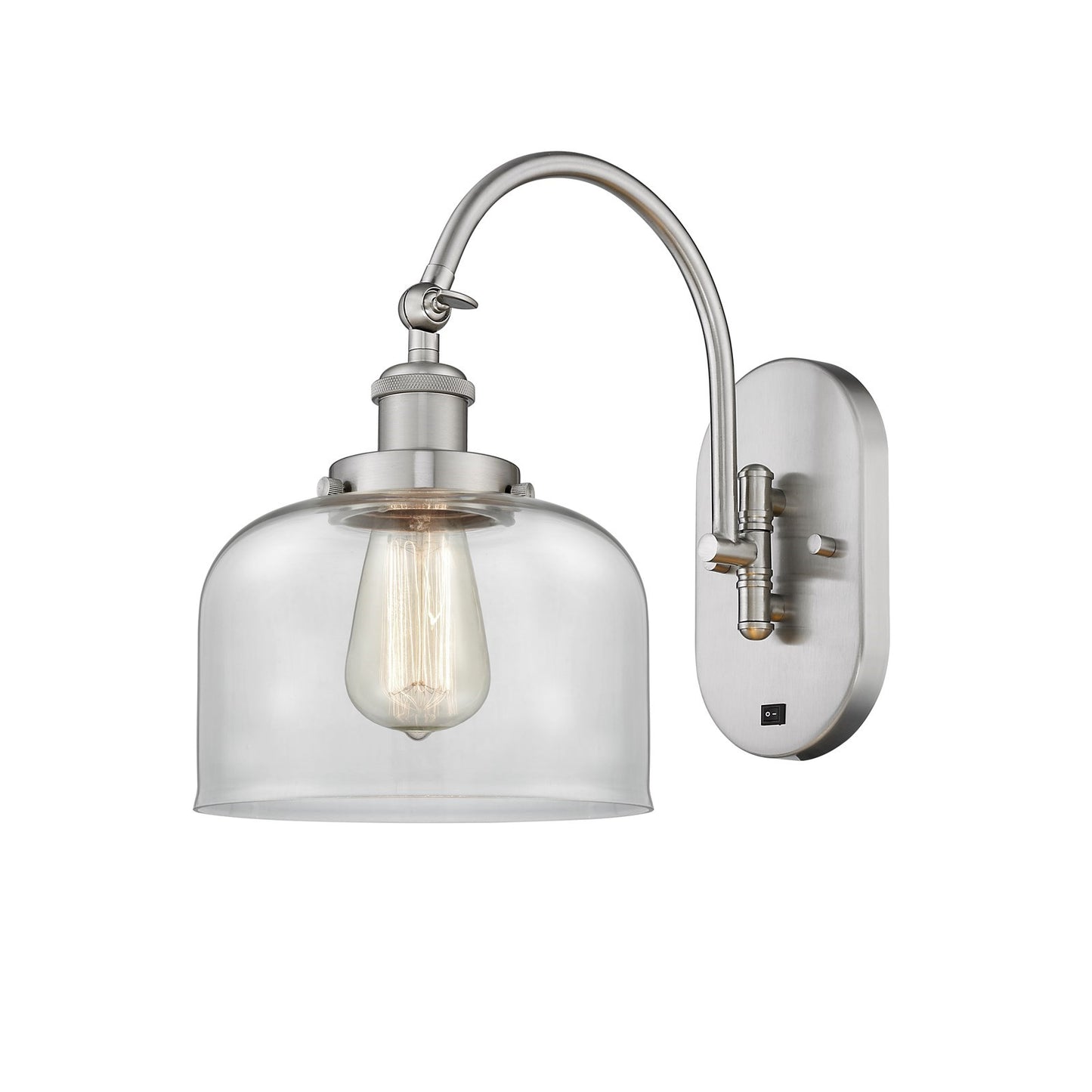 Innovations Bell 8in 1-Light Swing Arm Lamp | Industrial Brushed Satin Nickel Steel and Clear Glass | Bedroom & Living Room | Model 918-1W-SN-G72-LED