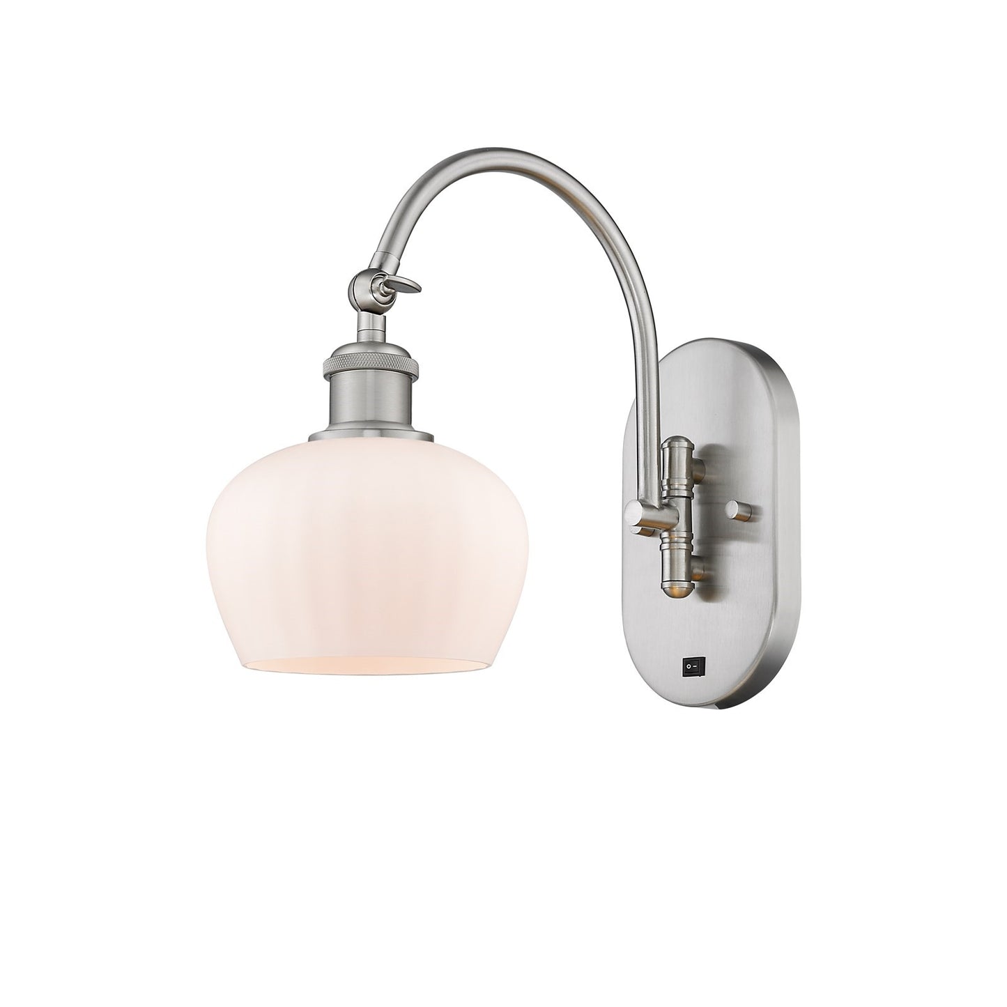 Innovations Fenton 6.5in 1-Light Wall Sconce | Industrial Brushed Satin Nickel Steel and Matte White Ribbed Glass | Bathroom & | Model 918-1W-SN-G91