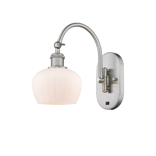 Innovations Fenton 6.5in 1-Light Wall Sconce | Industrial Brushed Satin Nickel Steel and Matte White Ribbed Glass | Bathroom & | Model 918-1W-SN-G91
