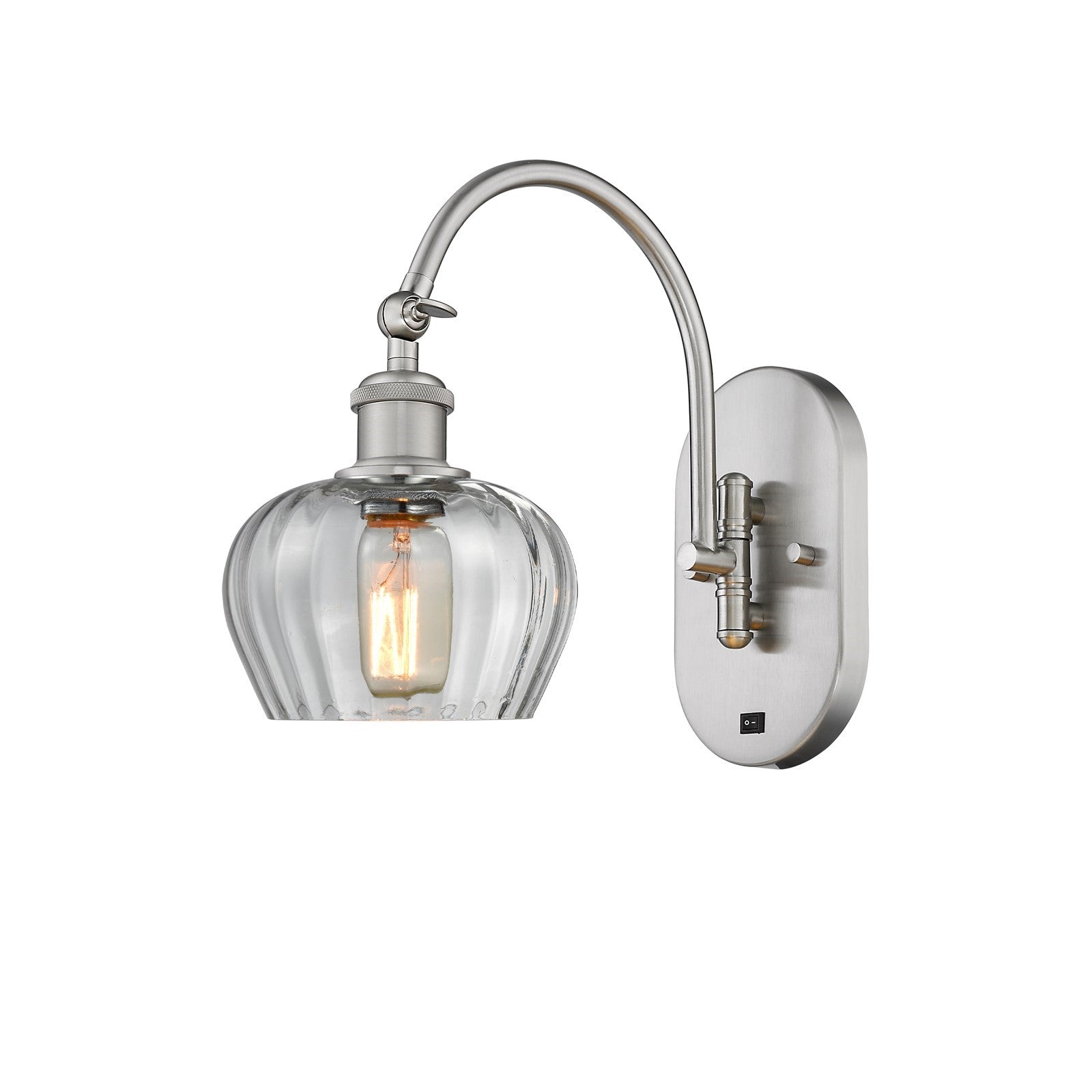 Innovations Fenton 6.5in 1-Light Wall Sconce | Industrial Brushed Satin Nickel Steel and Clear Ribbed Glass | Bathroom & Hallway | Model 918-1W-SN-G92