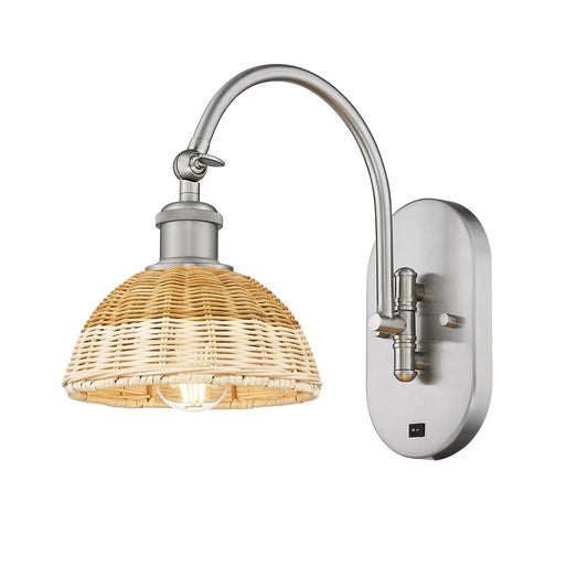 Innovations Bristol Natural II 7.5in 1-Light Wall Sconce | Industrial Brushed Satin Nickel Steel and Natural Fiber Shade | Model 918-1W-SN-NBD2-75-NAT