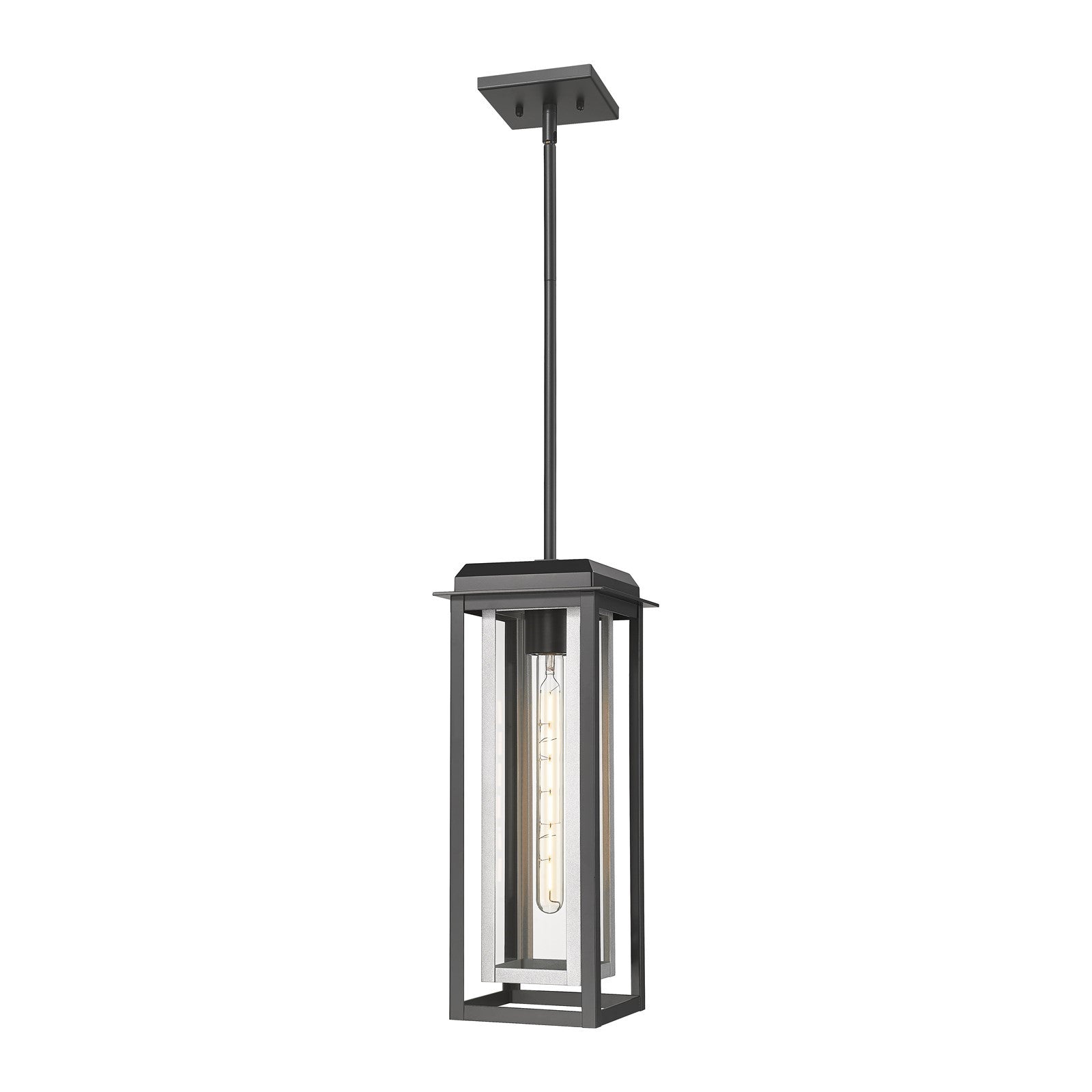 Innovations Mansfield 19in 1-Light Pendant | Industrial Matte Black Aluminum and Silver Inner Cage Clear Glass | Covered | Model 9951-1H-BK-19-CG-SV-CL