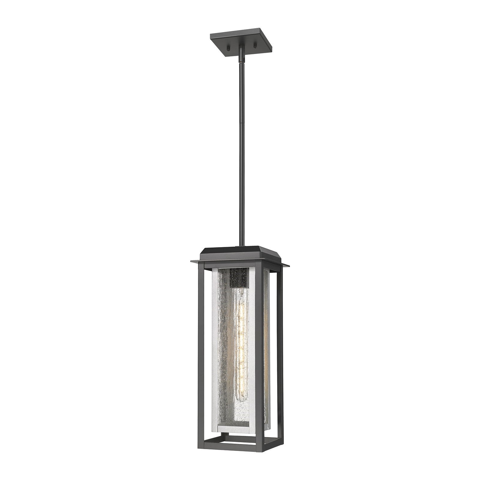 Innovations Mansfield 19in 1-Light Pendant | Industrial Matte Black Aluminum and Silver Inner Cage Seedy Glass | Covered | Model 9951-1H-BK-19-CG-SV-SDY