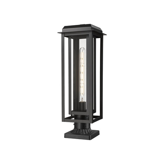 Innovations Mansfield 20in 1-Light Post Light | Industrial Matte Black Aluminum and Black Inner Cage Clear Glass | Model 9951-1PLT-BK-20-CG-BK-CL