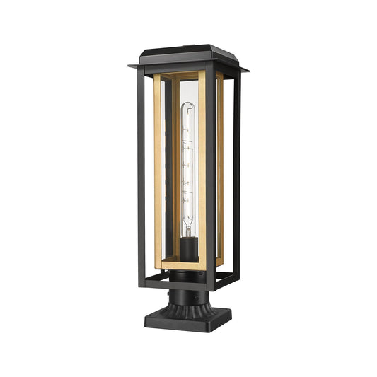 Innovations Mansfield 20in 1-Light Post Light | Contemporary Matte Black Aluminum and Brass Inner Cage with Clear Glass | Model 9951-1PLT-BK-20-CG-BR-CL