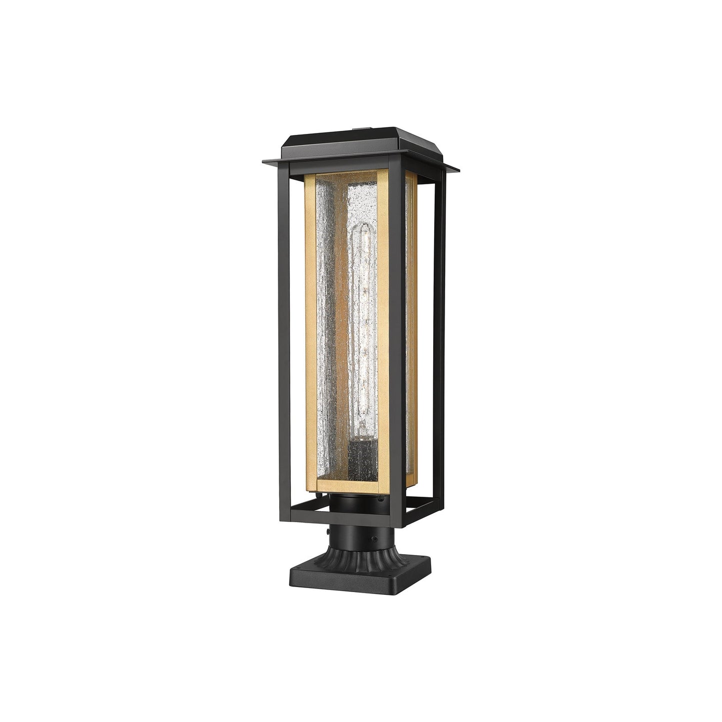 Innovations Mansfield 20in 1-Light Post Light | Contemporary Matte Black Aluminum and Brass Inner Cage with Seedy Glass | Model 9951-1PLT-BK-20-CG-BR-SDY