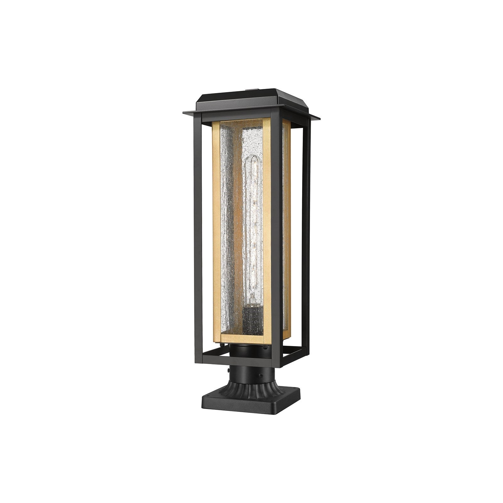 Innovations Mansfield 20in 1-Light Post Light | Contemporary Matte Black Aluminum and Brass Inner Cage with Seedy Glass | Model 9951-1PLT-BK-20-CG-BR-SDY