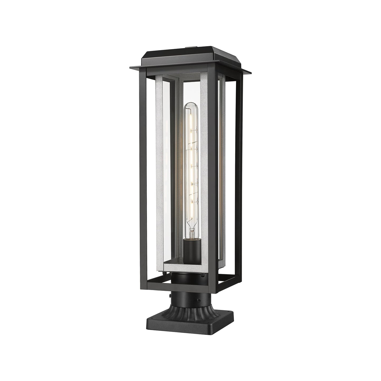 Innovations Mansfield 20in 1-Light Post Light | Contemporary Matte Black Aluminum and Silver Inner Cage Clear Glass | Model 9951-1PLT-BK-20-CG-SV-CL